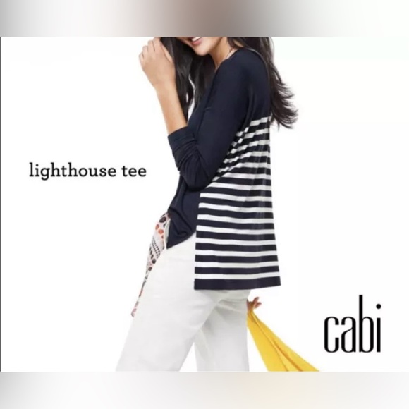 CAbi Navy Blue White Stripe Lighthouse Tee Nautical Coastal Grandma Size S - Picture 1 of 8